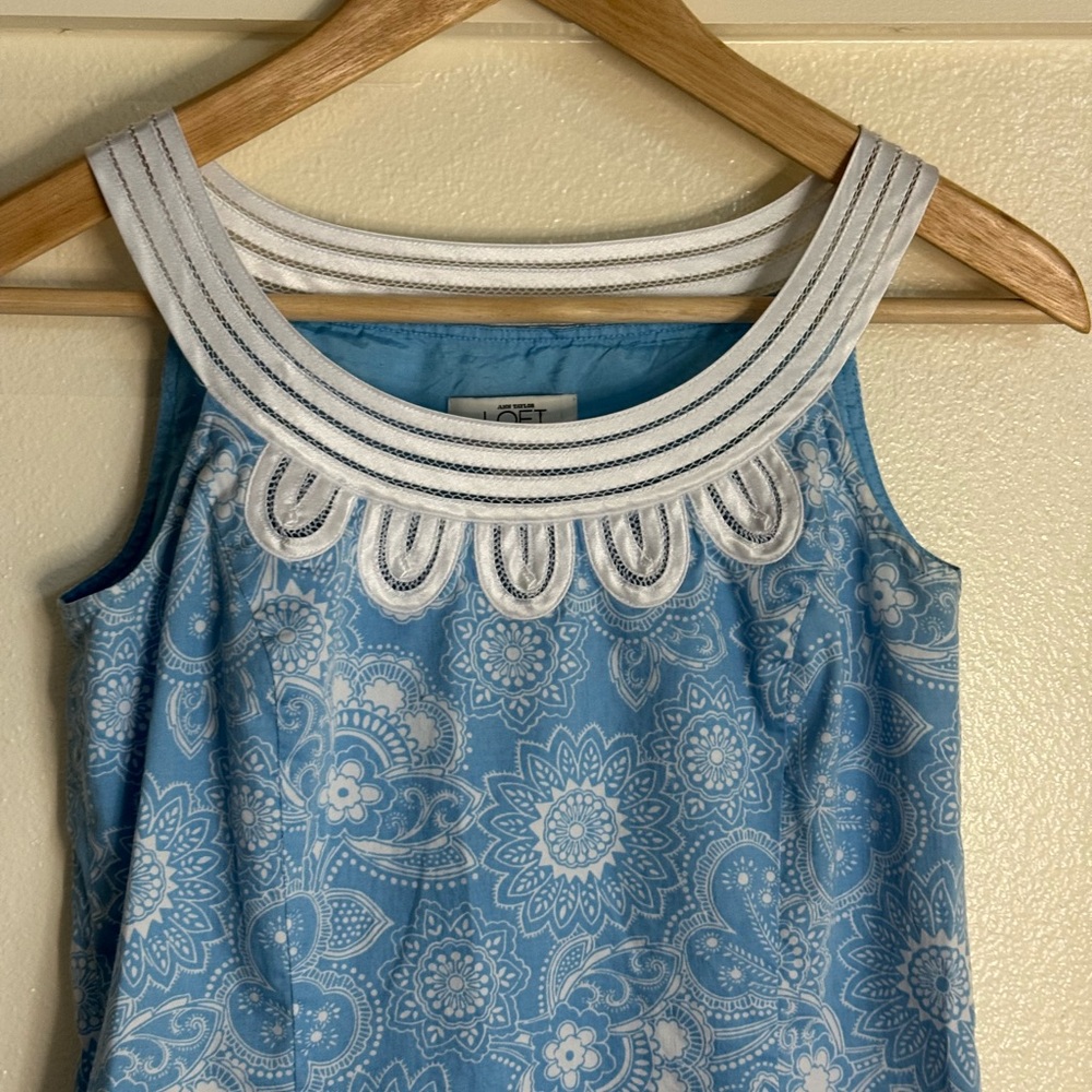 LOFT Light Blue Paisley Sleeveless Mini Dress with White Crochet Trim - Picture 3 of 8